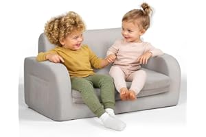 LITTLE DOVE 3-in-1 Extra Wide Convertible Kids Couch, Flip Open Toddler Couch to Lounger, Comfy Toddler Chair, Machine-Washable Kids Sofa for Girls, Kid Sofa Bed for Fun Playtime or Comfy Lounging, Gray