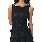 Women Smocked Tank Top Y2K Shirred Frill Sleeveless Crop Top Plaid Ruffle Hem Top Shirt Beach Vacation