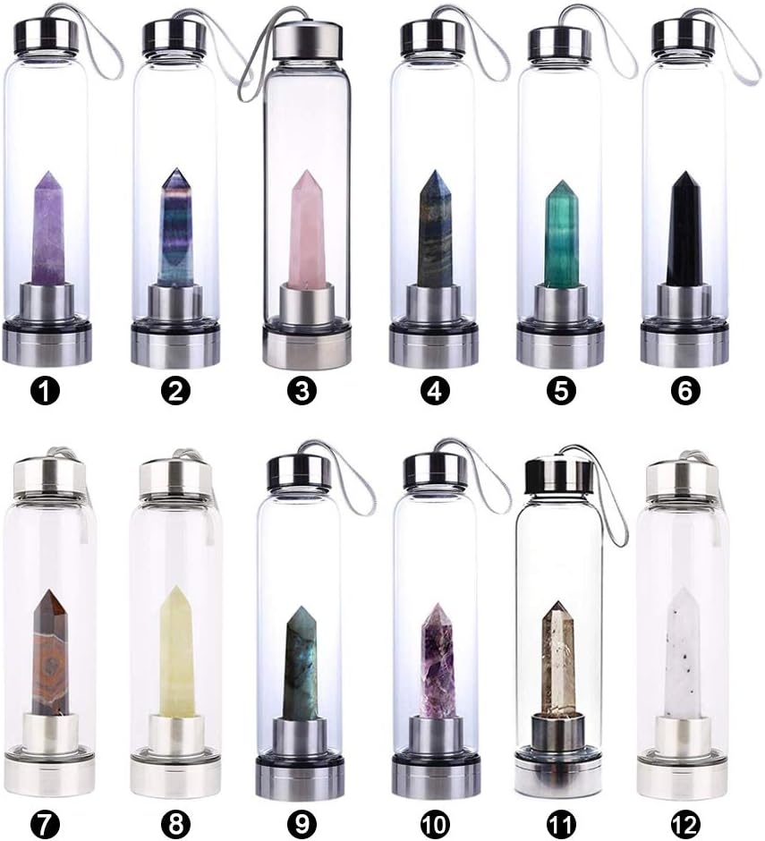 Crystal Glass Water Bottle, Water Bottle with Gemstone Center Crystal Elixir Bottle with Natural Crystal Point Healing Obelisk Wand Energy Cup