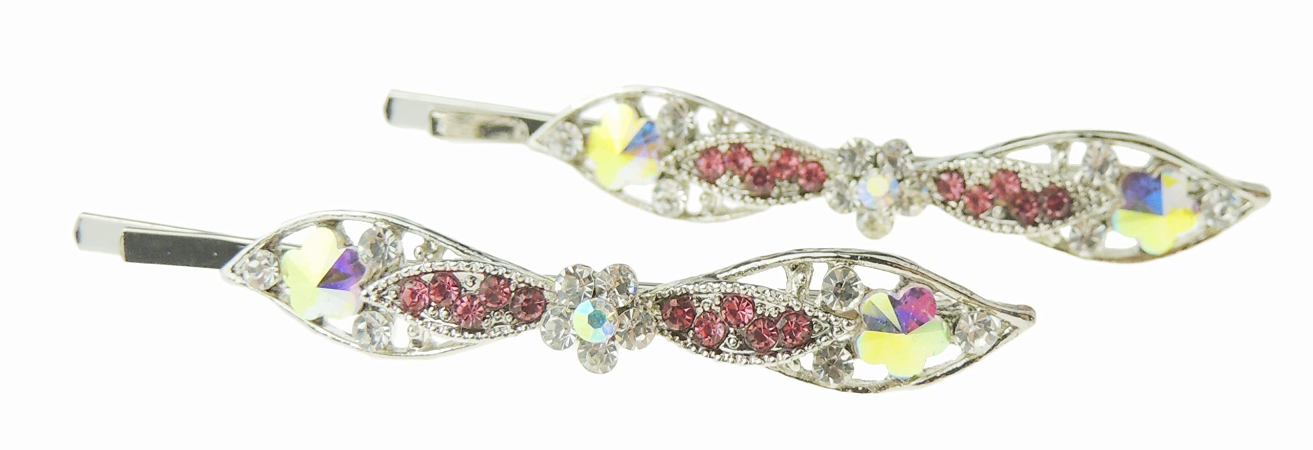 Ladies Sparkly Bow Crystal Diamante Bridal Wedding Hair Grips Pins (Silver Tone Pink)