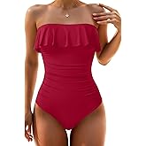 Holipick Strapless One Piece Swimsuits for Women Tummy Control Bandeau Bathing Suits Ruffle Slimming Swimwear