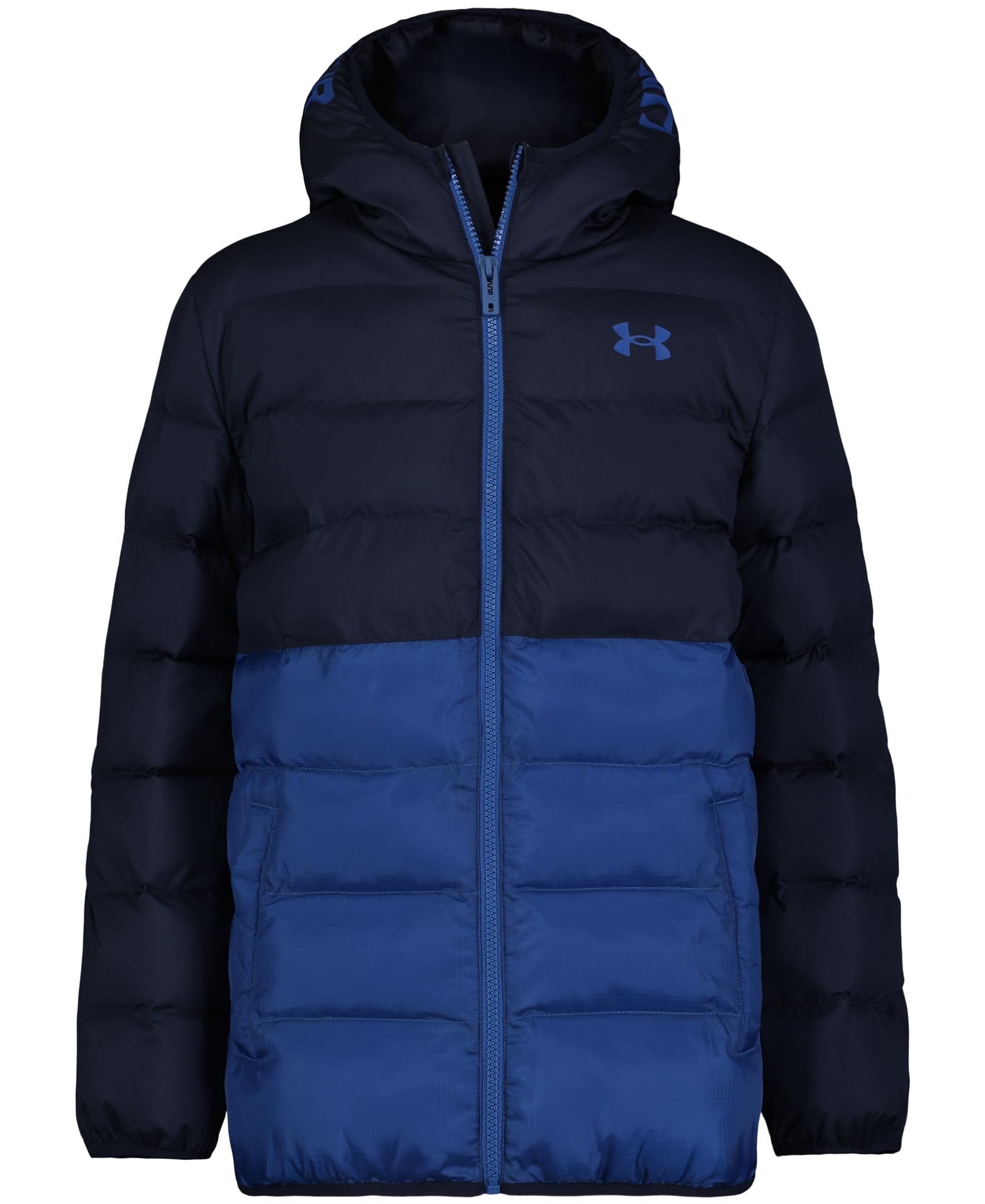 Under Armour Boys' Pronto Hooded Puffer Jacket, Lightweight & Water Repellent, Midnight Navy Blocks, 4 Image