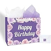 ZHIAXTON 13.8" Large Happy Birthday Gift Bag with Tissue Paper and Card,Rose Purple Gift Bags Set for Girl Women Birthday Party