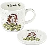 Royal Worcester Wrendale Designs Christmas Sprouts 11 Oz Mug & Coaster Set, Fine Bone China Coffee Mug with Guinea Pig in Santa Hat, Dishwasher & Microwave Safe - Festive Gift for Animal Lovers