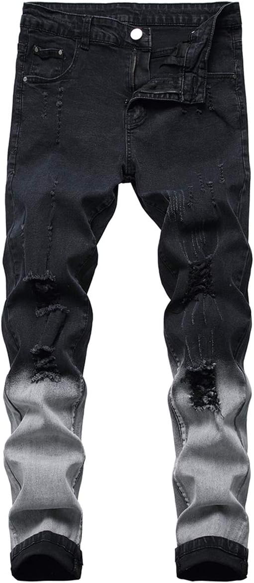 YUNCLOS Men's Stretch Biker Ripped Jeans with Zipper Straight Fit Denim Pants