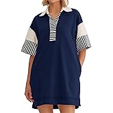 Wenrine Women's Polo V Neck T Shirt Dress Casual Summer Oversized Color Block Short Sleeve Sweatshirt Mini Dresses