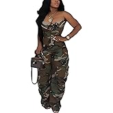 Voghtic Women's Strapless Denim Cargo Jumpsuit High Waisted Multiple Pocket Casual Outfit
