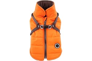 Puppia Mountaineer Winter Dog Coat with integrated harness No Pull Cold Weather Waterproof Warm Fleece Back Zipper for Small & Medium Dog, ORANGE, Large