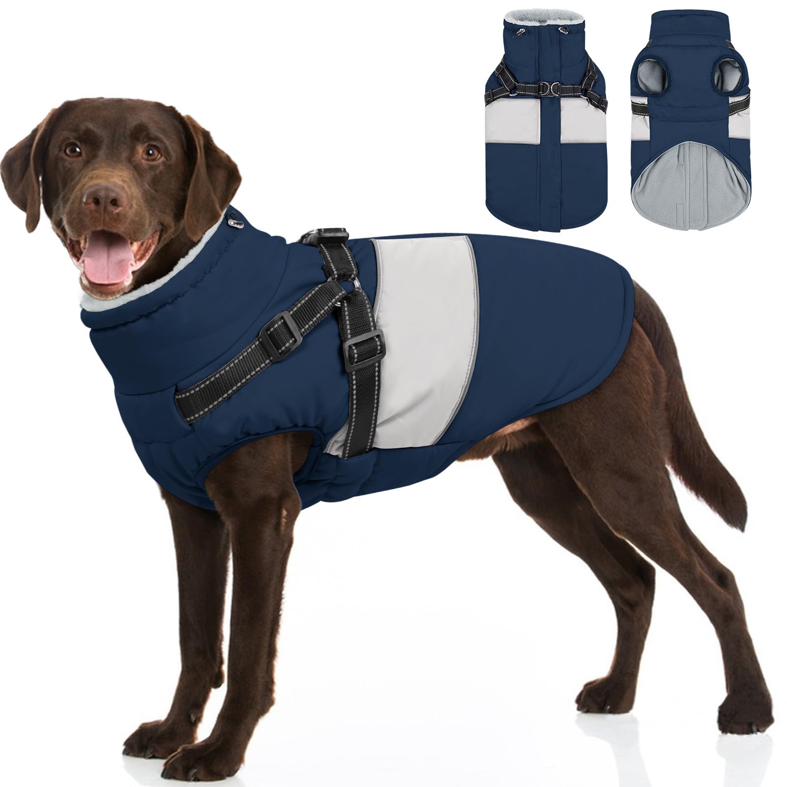 Photo 1 of SUNFURA Dog Coat for Large Dogs, Warm Pet Jacket Winter with Harness Built in, Waterproof Pet Snow Jacket with Furry Collar, Reflective Fleece Snowsuit for Extra Large Dogs, Navy Blue XL
