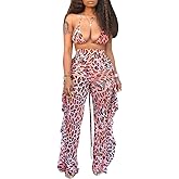 Ophestin Womens Sexy Halter Sheer Bikini Ruffle Long Pants Set 2 Piece Swimsuit