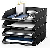 4 Pack Stackable Paper Trays for Letter Documents, Desktop File Organizers for Office Supplies, Stackable Desk Tray Holder for Paper Storage, Black