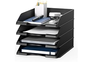 DELIFOX 4 Pack Stackable Paper Trays for Letter Documents, Desktop File Organizers for Office Supplies, Stackable Desk Tray Holder for Paper Storage, Black