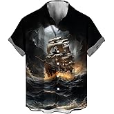 LAOLIUSN Funny Pirate Shirt Pirate Ship Graphic Short Sleeved Button Shirt
