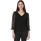 CeCe Womens 3/4 Sleeve Mixed Media Knit Top