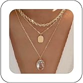 Andelaisi Boho Layered Crystal Oval Necklace Vintage Square Disc Pendant Necklace Gold Geometric Oval Choker Necklace Multilayered CZ Oval Rope Chain Necklace Jewelry for Women