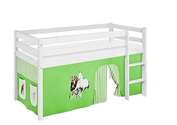 Lilokids Spielbett Jelle Pferde, Hochbett mit Vorhang Kinderbett, Holz, grün/beige, 208 x 98 x 113 cm