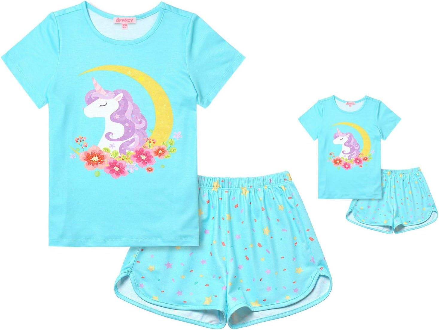 QPANCY Matching Girls & Dolls Pajamas Unicorn Pj Sets Summer Cotton Sleepwear