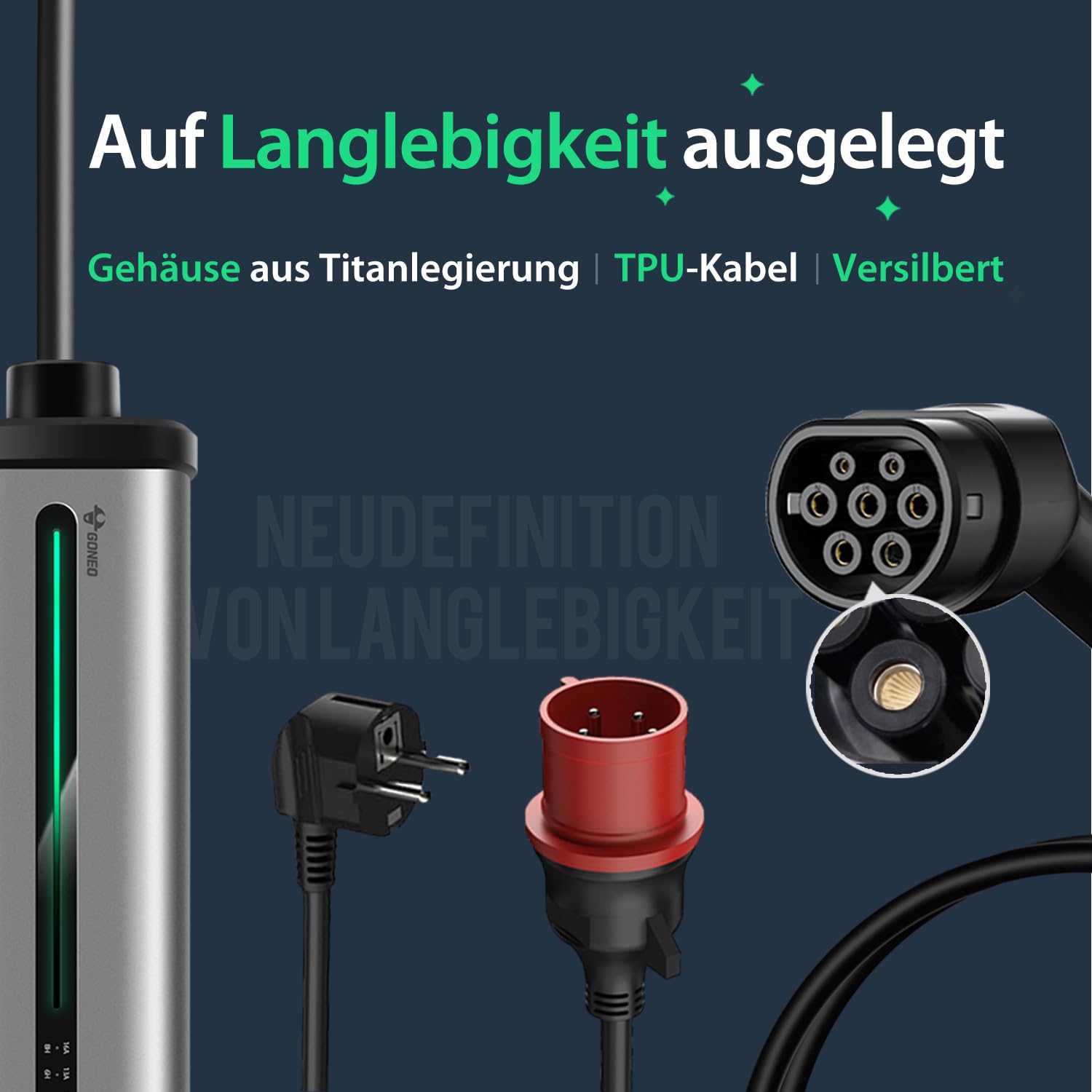 GONEO Mobile Wallbox/Ladestation 11kW 3-Phasig|8-16A|7m–Typ 2 Ladekabel mit CEE Stecker und Schuko Stecker mit Einstellbarer Ladeleistung,IP66,Kompatibel mit Model Y/3,ID3/4/5 und BEV/PHEV Tragetasche 5