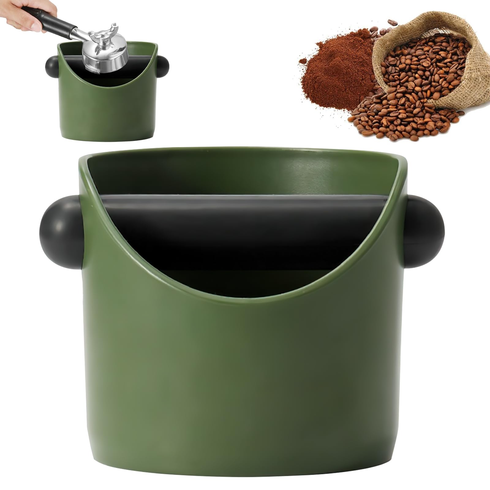 Coffee Knock Box - 0.45L Coffee Grounds Knock Box with Removable Knock Bar and Non-Slip Base, Shock-Absorbent Espresso Knock Box Container, Coffee Accessories (Green)