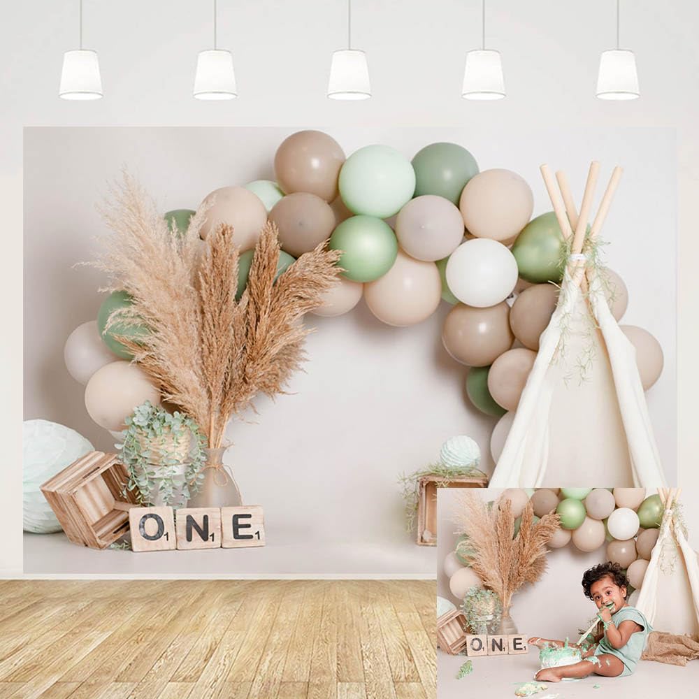 MEHOFOND 7x5ft Boho Theme Boy 1st Birthday Photography Background Bohemian Style Tent Balloon Kids Party Banner Photo Booth Studio Decoration Newborn Portrait Photoshoot Backdrop