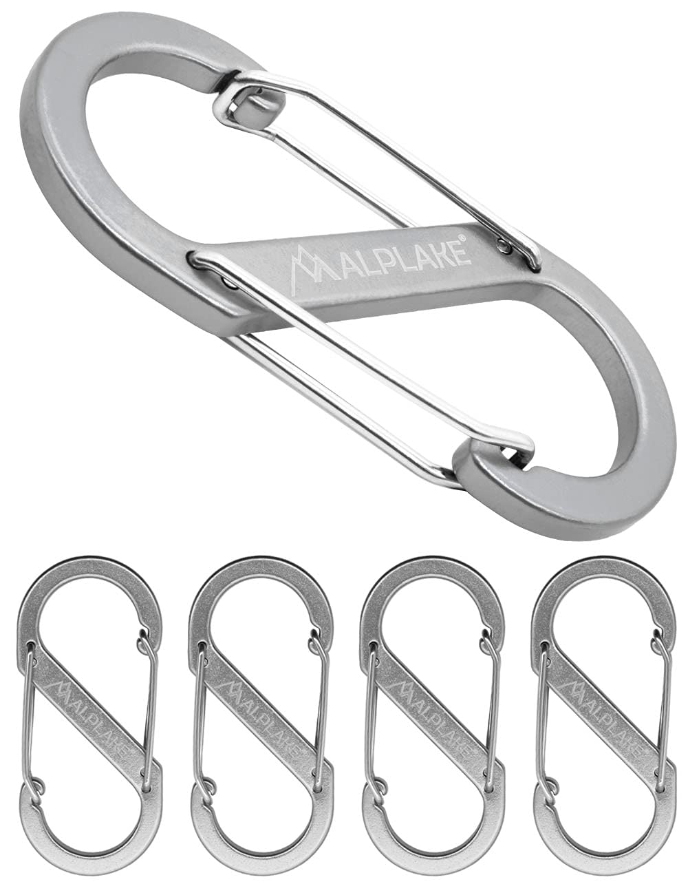 ALPLAKE Carabiner Set of 4 - Silver, Aluminium, Double, Micro, S-Shape, 88x40 mm - Not for Climbing
