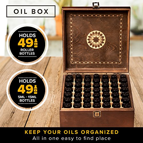 Beautiful Essential Oil Storage Box 49 Bottle - Holds 5-15ml & 10ml Roller Bottles - Free Roller Bottle Opener & 192 EO Labels - Wooden Oil Case Holder