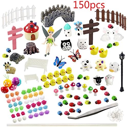 Whonline 150 Pcs Miniature Fairy Garden Decoration with 1pcs Tweezer Tool + 1 Bag of Pins + 1 Hot Glue Stick
