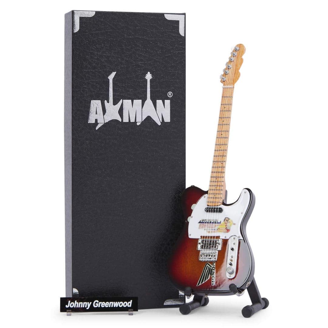 Jonny Greenwood Miniature Guitar Replica - Music Gifts - Handmade Ornamental 1/4 Scale - Display Box, Name Tag and Miniature Guitar Stand Included