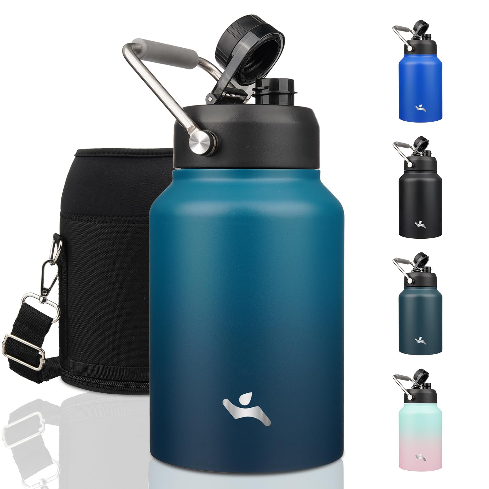 Photo 1 of Konokyo Half Gallon Jug with Handle,64 oz Insulated Water Bottle with Carrying Pouch,Double Wall Vacuum Stainless Steel Metal Bottle,Indigo Black