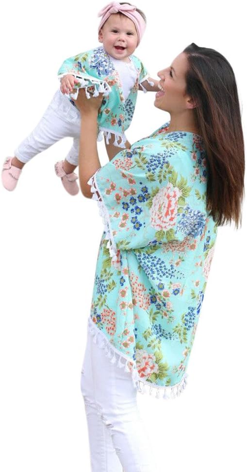 HOMEBABY BabyFamily Matching Clothes Mother and Daughter Beach Clothes Women Girls Summer Bathing Bikini Smock Flower Shawl Kimono Cardigan Tops Family Outfits Boho Swimsuit for Holiday Birthday Gift