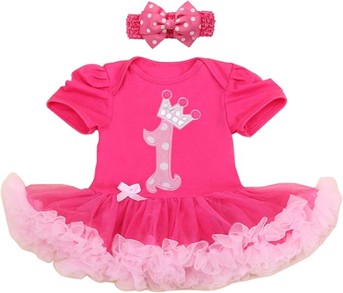100 Cotton Baby Girl 1st Birthday Party Dress Tutu Rose Pink (XL, 1st