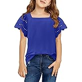 Yoklass Girls Casual Shirts Square Neck Ruffle Sleeve Tops Solid Loose Blouses 5-14 Years