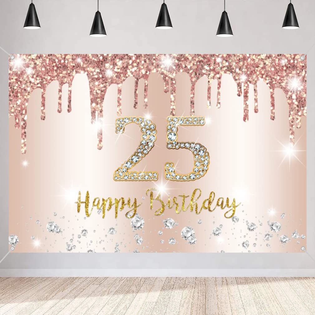 25th Birthday Decorations for Women, Happy 25th Birthday Backdrop Banner, 25 Years Old Fabric Sign Poster Party Decor, Rosegold Photo Background Party Supplies, 150cm x 90cm