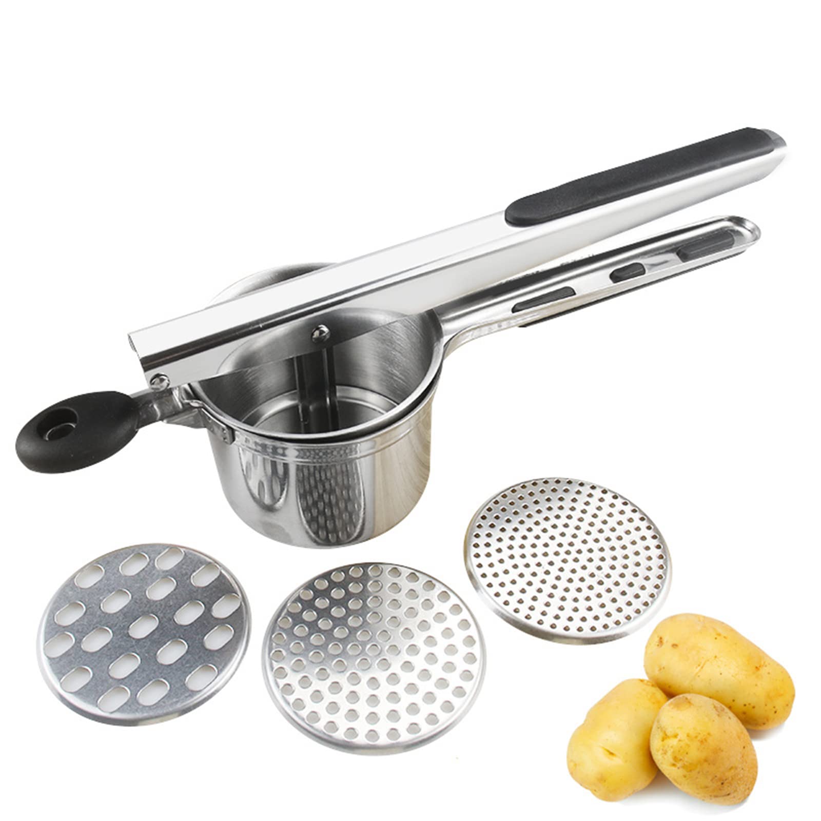 Potato Ricer Stainless Steel Potato Masher Manual Potato Masher with 3 Interchangeable Discs Cutter Vegetable Fruit Masher for Mashed Potatoes, Puree, Fruit & Vegetables Kitchen Gadget