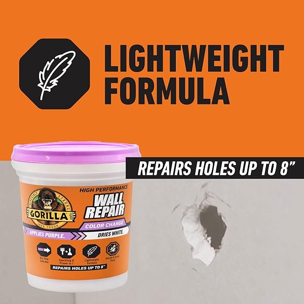 GORILLA HIGH PERFORMANCE WALL REPAIR COLOR CHANGE, 32 OUNCE TUB, APPLIES PURPLE, DRIES WHITE – SPACKLING & PRIMER IN ONE, SHRINK & CRACK RESISTANT