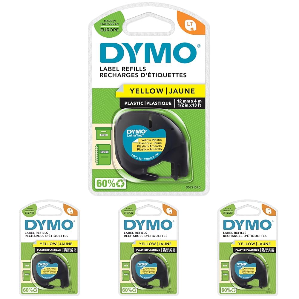 DYMO LetraTag Plastic Labels | Authentic | 12 mm x 4 m Roll | Black Print on Yellow | for LetraTag Label Makers (Pack of 4)