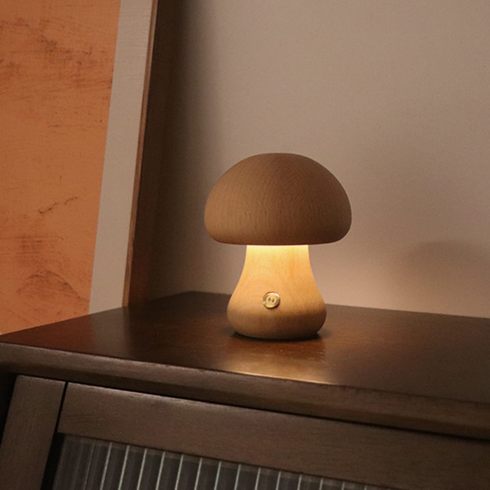 C Mushroom Night Light, Dimmable Bedside Table Lamp, USB Rechargeable Small Nightstand Desk Lamp, Wooden Mushroom Night Lamp Decor for Bedroom Home Decor