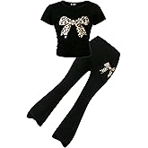 Togrielan Girls' Summer 2-Piece Outfit Set Bow-Embellished Short-Sleeve Top + Flared Pants Size 8-13 Years Old