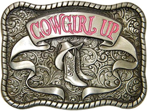 Cowgirl Up Belt Buckle, Die Cast, Pewter Finish with Pink Enamel
