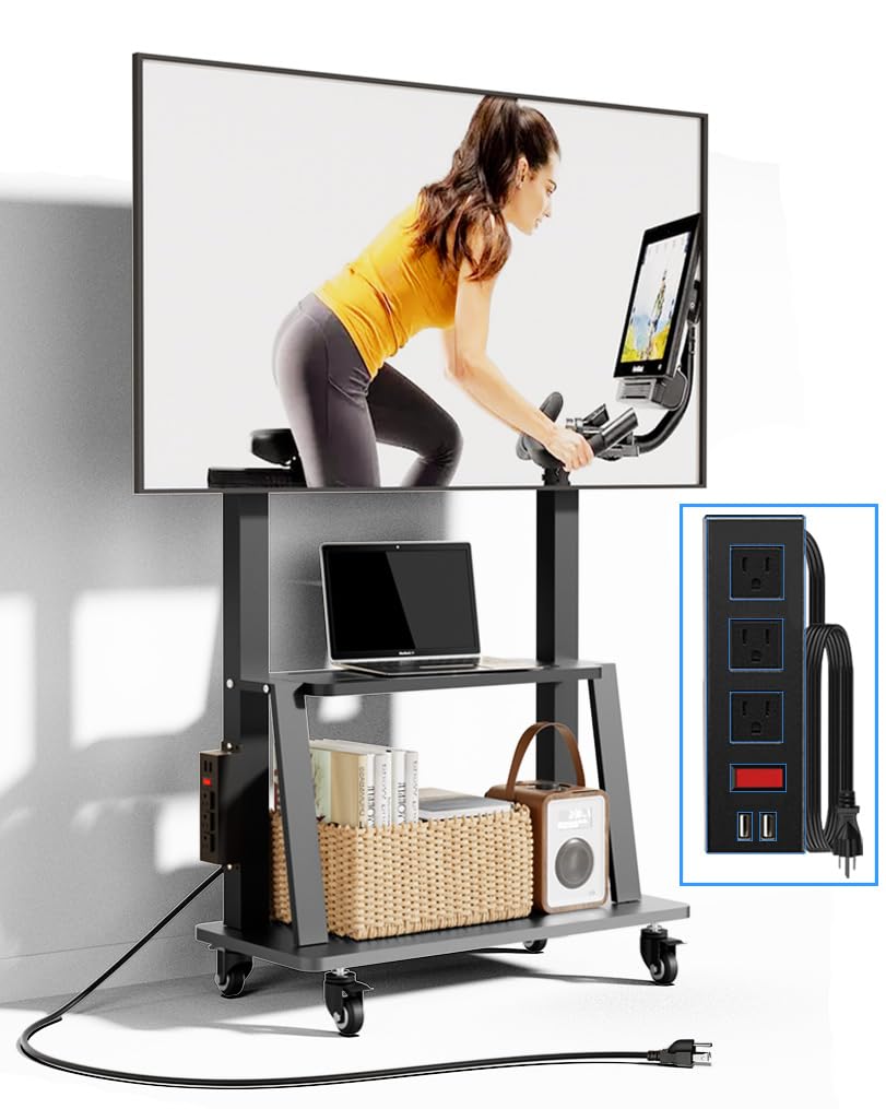 Mobile TV Stand with Power Outlet, Portable TV Stand on Wheels for 32 to 65 70 75 83 inch TV, Height Adjustable,Holds up to 130LBS, Vesa 600×400mm.