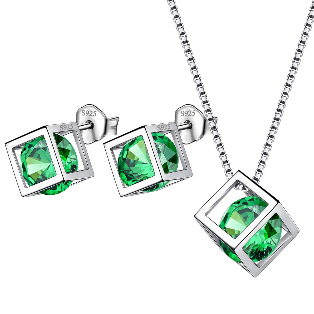 Aurora Tears May Birthstone Necklace Stud Earrings 925 Sterling Silver Green Emerald Square Birth Stone Jewellery Set Gifts for Women and Girls DS0028G
