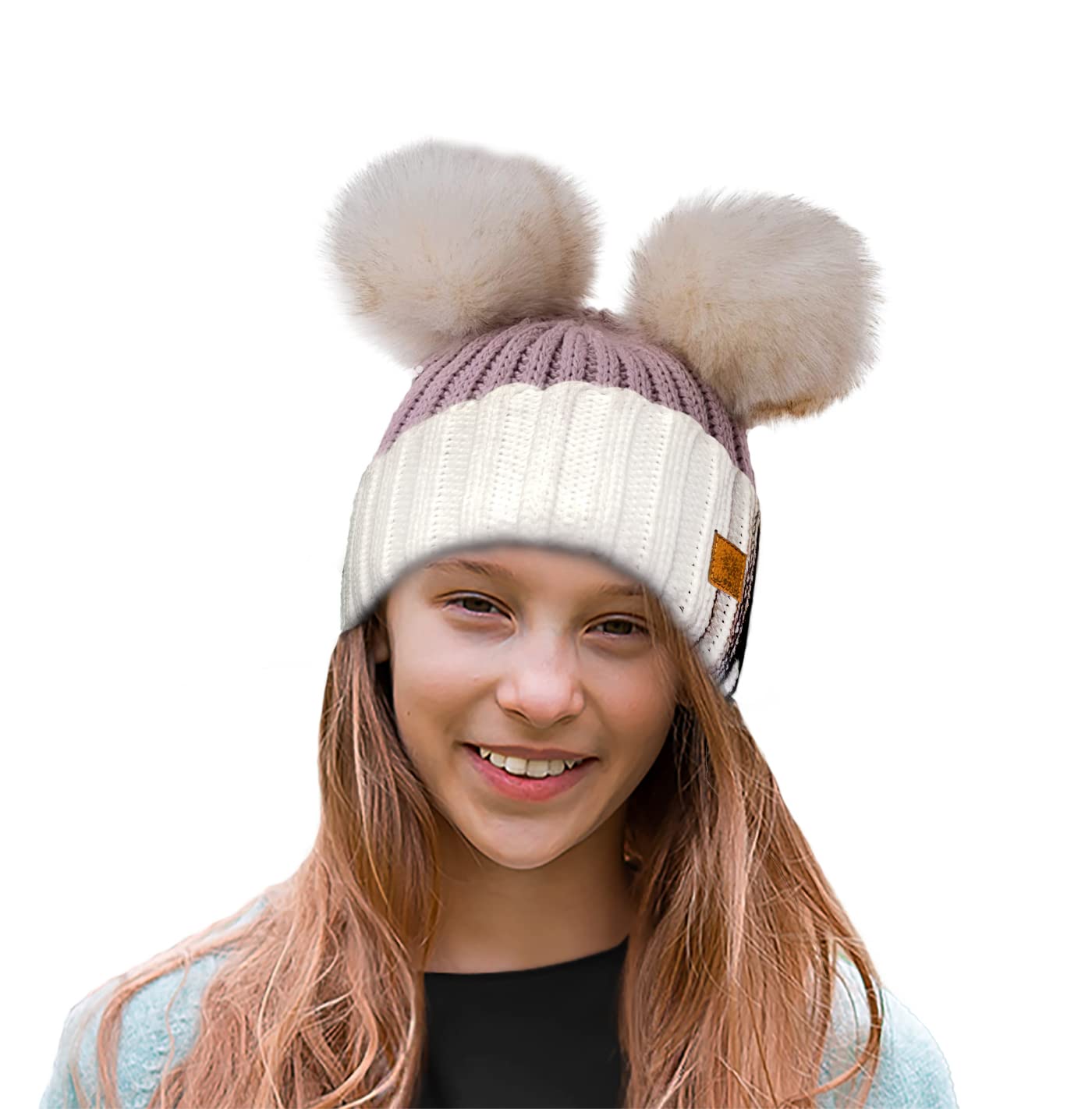 4sold Ribbed Striped Thermal Insulating Bobble Funny Beanie Baby Kids Girls Boys Hat Wool Knitted with Pom Pom Winter Warm SKI Snowboard Hats - Rouse Pink White