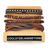 Mix of 4 Brown Wrap Bracelets for Men and Women, Multi-strand Wood Beads Rivets Leather Wristbands