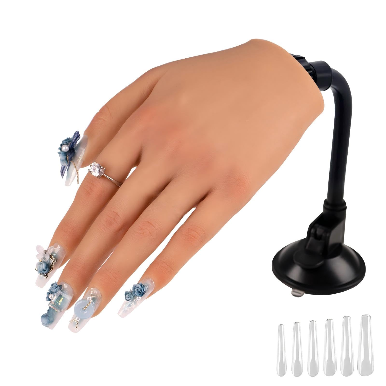 KnowU Left Silicone Nail Practice Hand - Professional Hand Model with 14mm Stable Insert & Thicker Cuticle, 10PCS Nail Tips Included, Practice Hand for Acrylic Nails & Gel