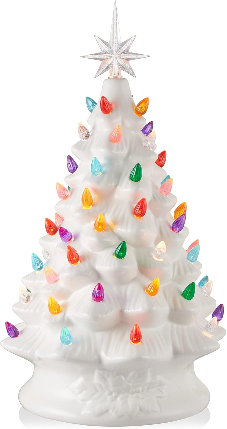 Tree Toppers - Casafield Hand Painted Ceramic Christmas Tree, White 15-Inch Pre-Lit Tree with 128 Multi Color Lights and 2 Star Toppers