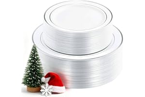 WDF 120PCS Plastic Christmas Plates White Silver Rim - Disposable Plates including 60PCS for Dinner 10.25inch, 60 Salad/Dessert Plates 7.5inch Heavy Duty Wedding