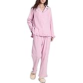Rousytn Womens Cotton Pajama Sets Long Sleeve Button Down Striped 2 Piece Pjs Ruffle Sleepwear with Long Pants Lounge Set