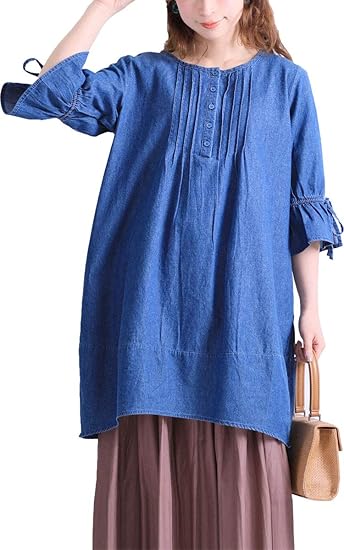 ゴールドジャパン 大きいサイズ レディース コクーン デニム チュニック ピンタック ロング Uネック 五分袖 ワンピース チュニック 通販 Amazon