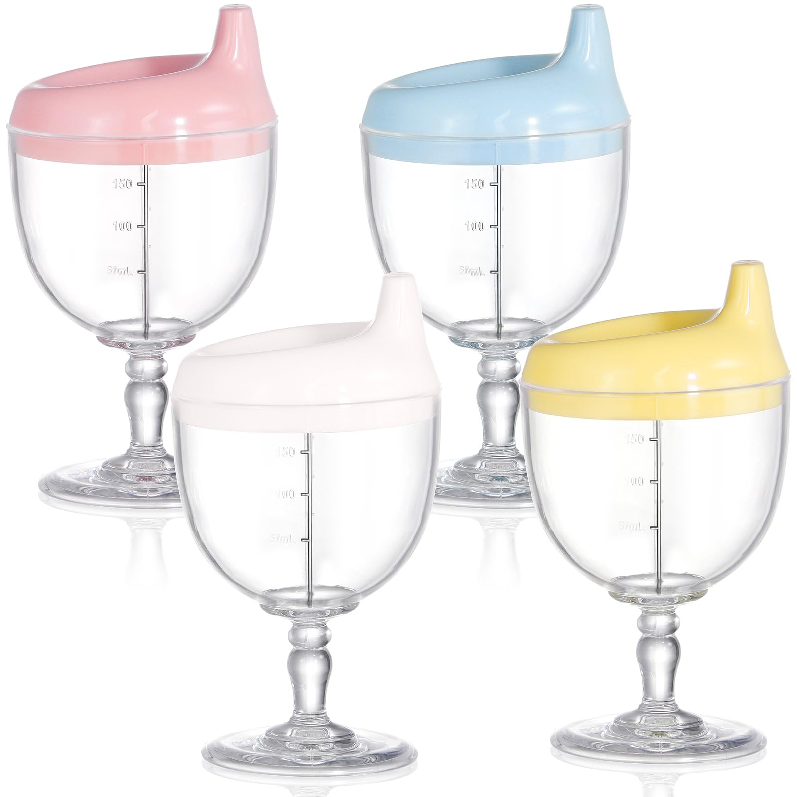 Photo 1 of Goaste 4 Pack Toddler Sippy Cups, 7oz No Spill Plastic Wine Glass Goblet Cup, Fancy Baby Beverage Mug Milk Bottle with Lid for Kids over 3 Years on Birthday Party, Celebration, Assorted Colors