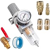 NANPU 1/4" NPT Compressed Air Filter Regulator Combo Piggyback, 5 Micron Brass Element, Poly Bowl, Semi-Auto Drain, Metal Bracket, 0-150 psi Gauge, Ball Valve